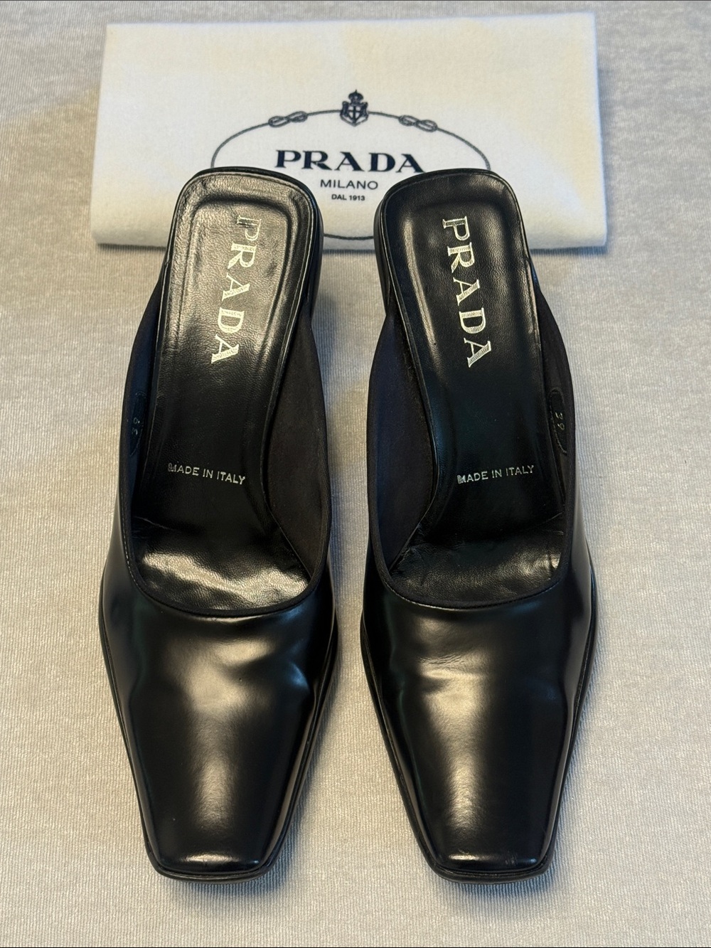 Prada Black Leather Square-Toe Slip-On Heels